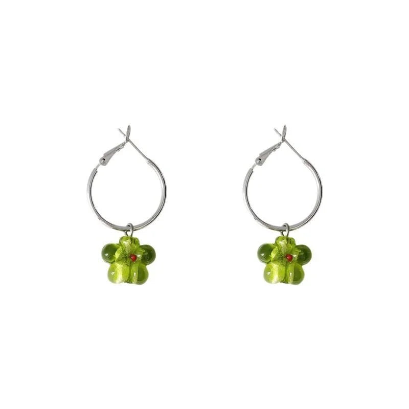 French Style Glass Liuli Flower Stud Earrings, Silver Plated Copper Summer Jewelry