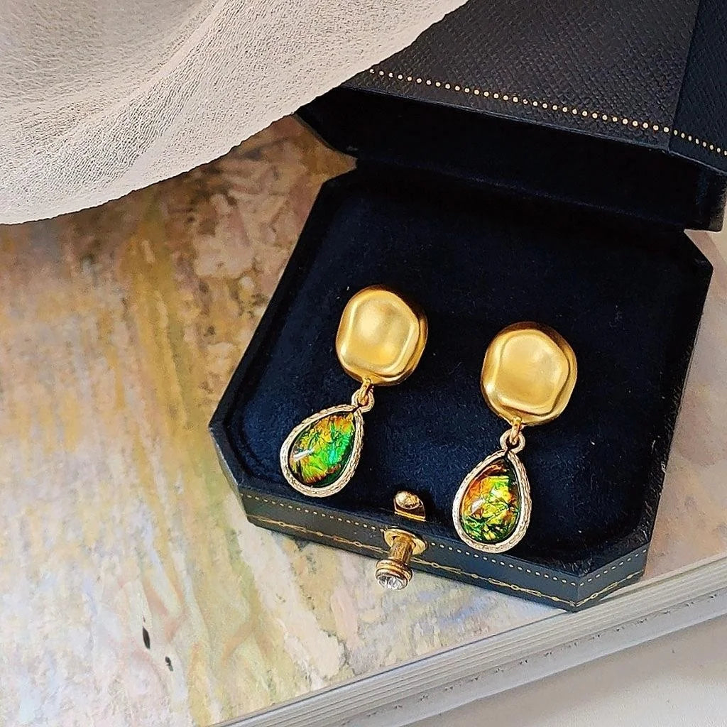 Vintage Abalone Shell Teardrop Stud Earrings Copper French Palace Style Jewelry