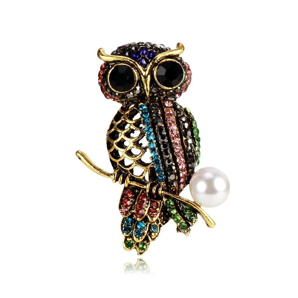 Luxury Rhinestone Owl Brooch With Pearl Accent, Vintage Alloy Animal Lapel Pin For Suit Accessory Gift