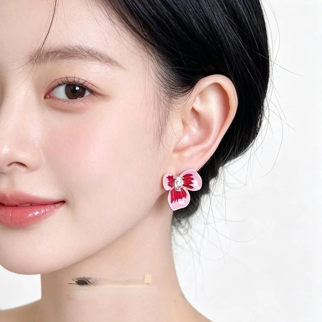 Sweet Enamel Painted Copper Iris Flower Drop Earrings With Zircon Three-Petal Floral Design