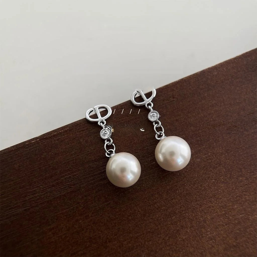 Light Luxury Copper Glass Pearl Micro Pave Zircon Geometric Chain Drop Earrings