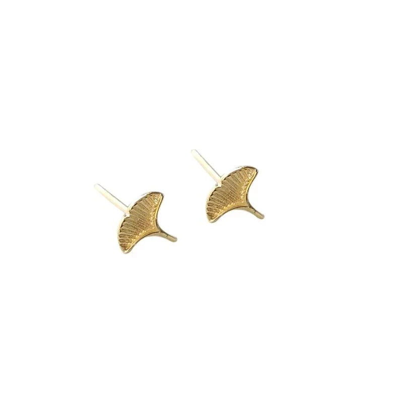 14K Gold Plated Copper Ginkgo Leaf Stud Earrings Vintage Mini Daily Geometric Jewelry