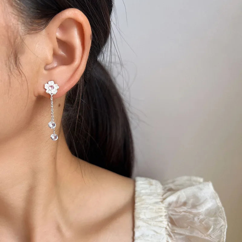 Elegant Pink Zircon Sakura Flower Long Tassel Alloy Stud & Clip On No Piercing Dangle Earrings