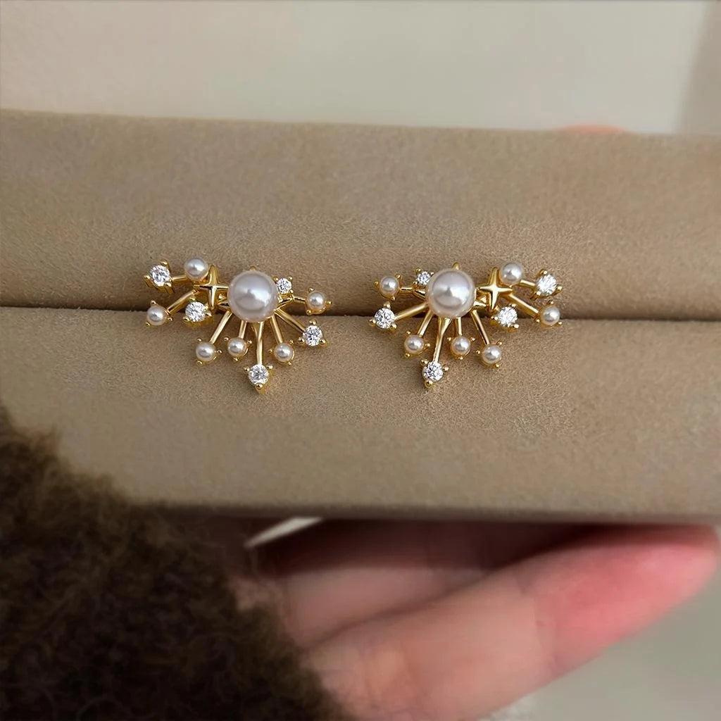 Luxury Silver Plated Copper Zircon Pearl Starburst Stud Earrings For Women