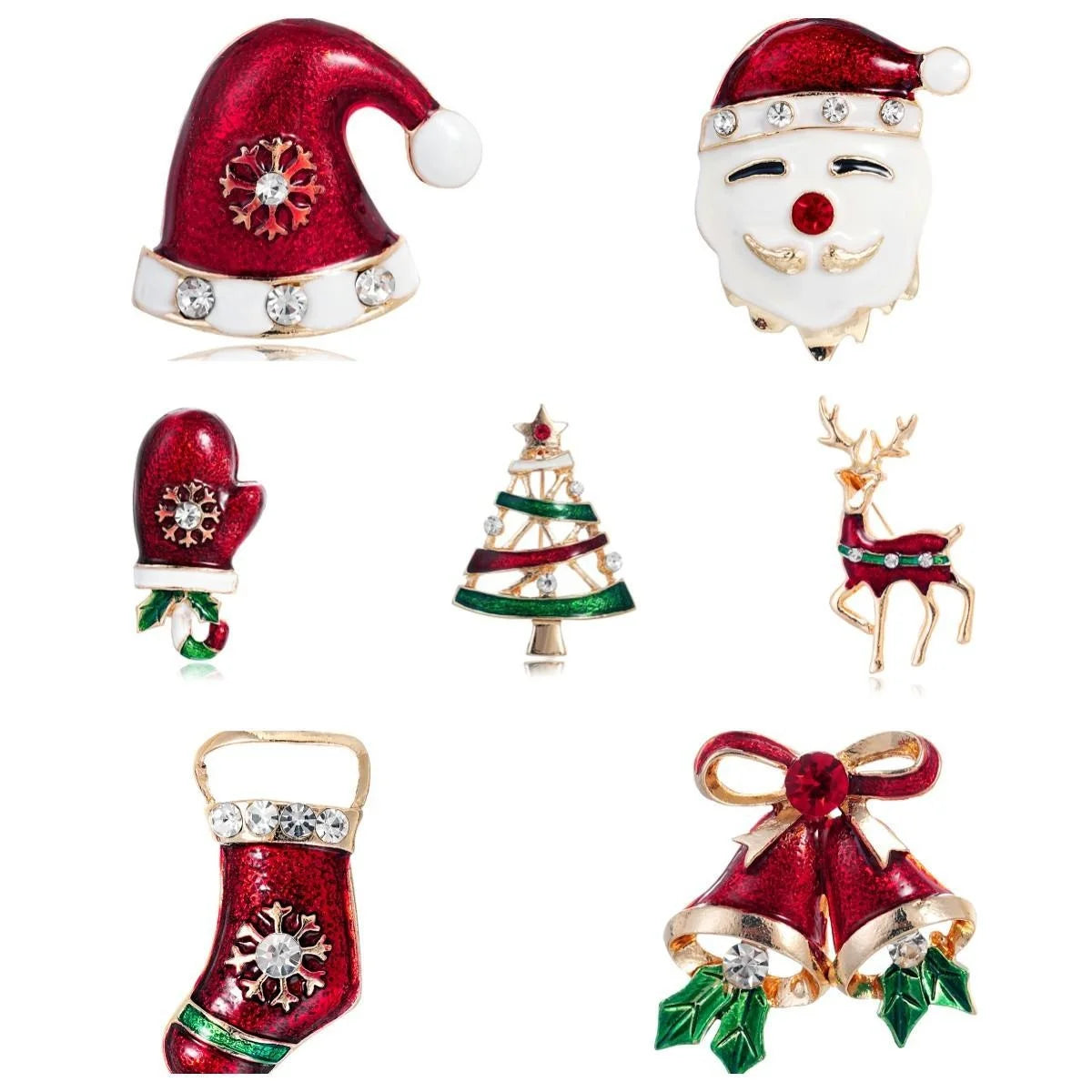 Cute Christmas Enamel Rhinestone Brooch With Santa Hat Reindeer Tree Bells, Festive Lapel Pin Gift
