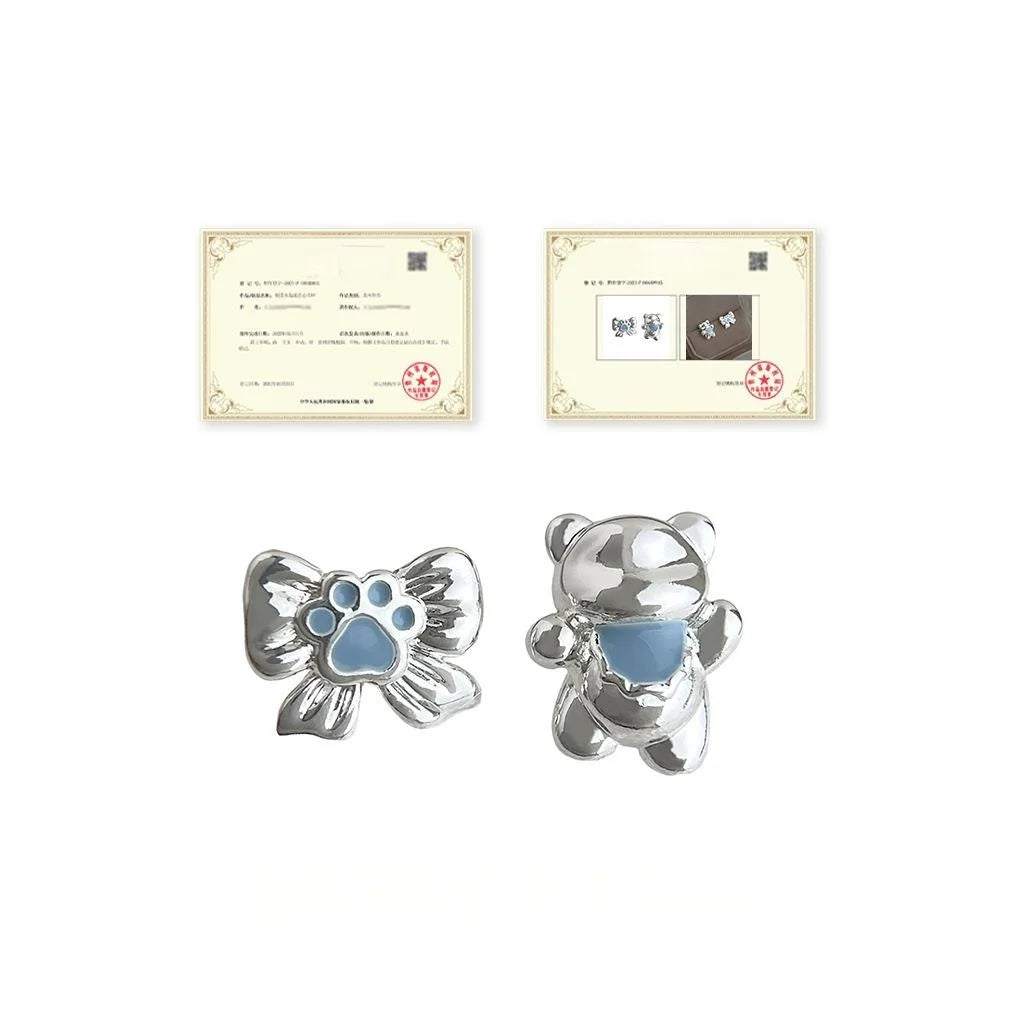 Cute Asymmetric Bear Bow Copper Enamel Stud Earrings