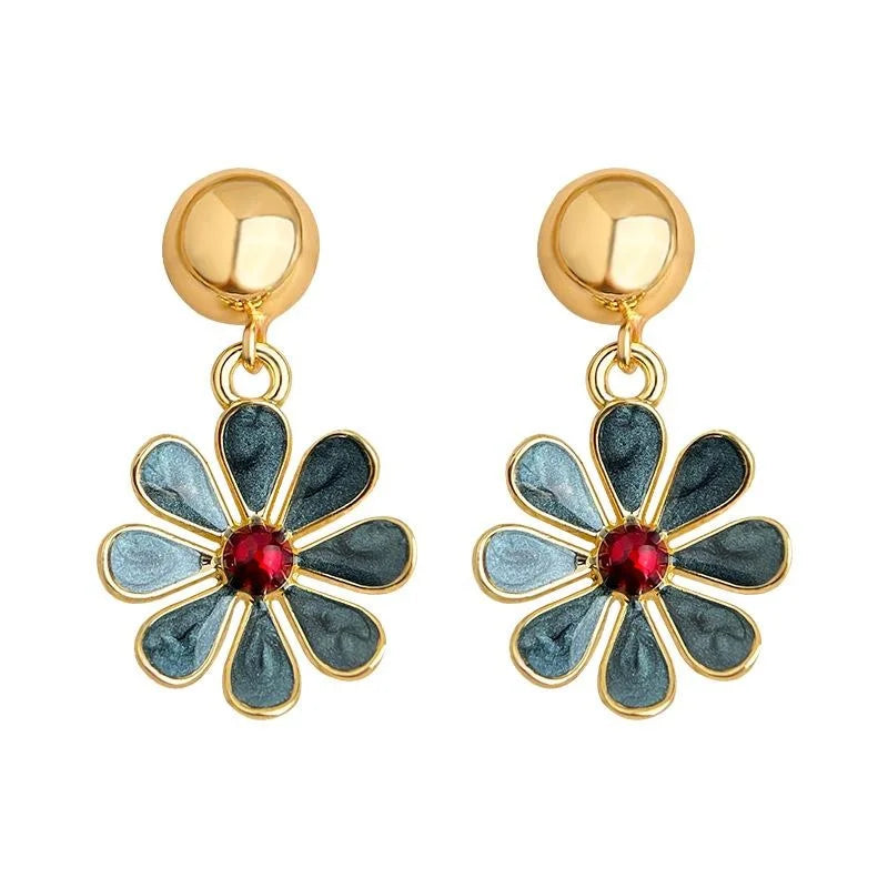 Gold Plated Copper Haze Blue Enamel Flower Petal Drop Earrings For Women Elegant Minimalist Office Jewelry