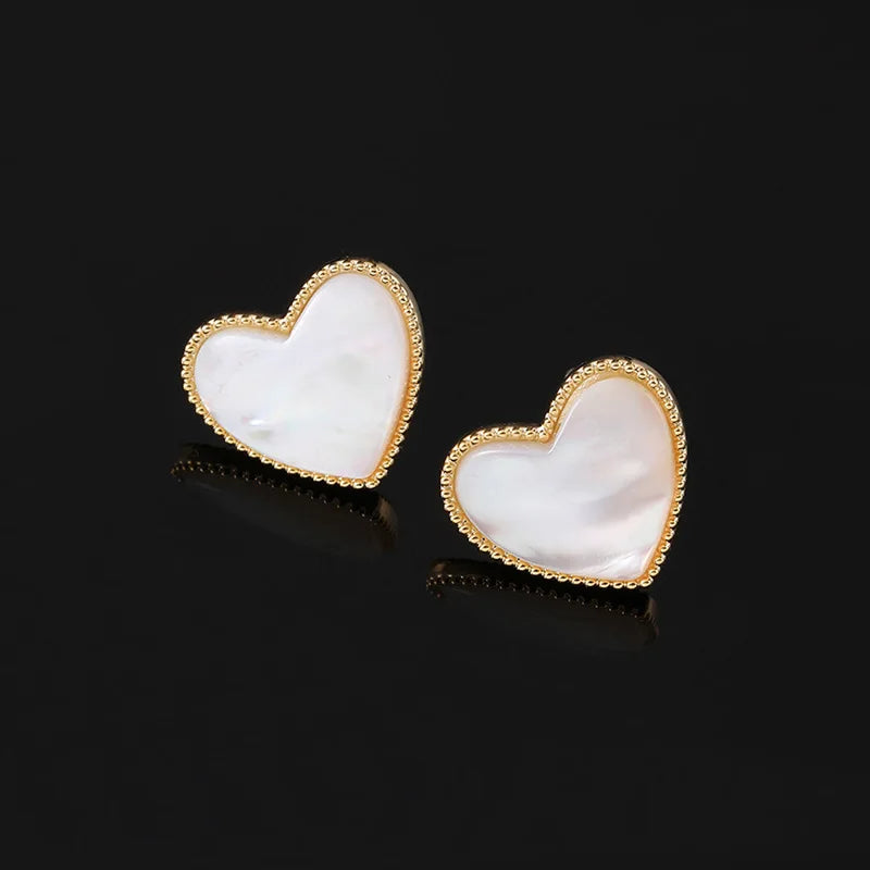 Elegant Natural Shell Heart Stud & Clip On No Piercing Gold Alloy Beaded Edge Sweet Women Earrings