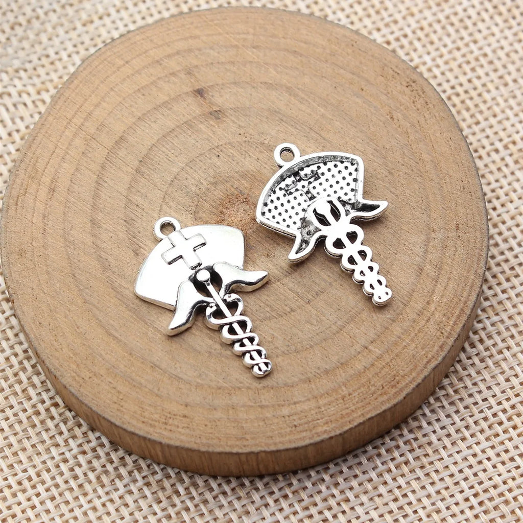 25x16mm 1.5g Antique Silver Zinc Alloy Nurse Hat Caduceus Nurse Cap Charm Pendant for Medical Jewelry