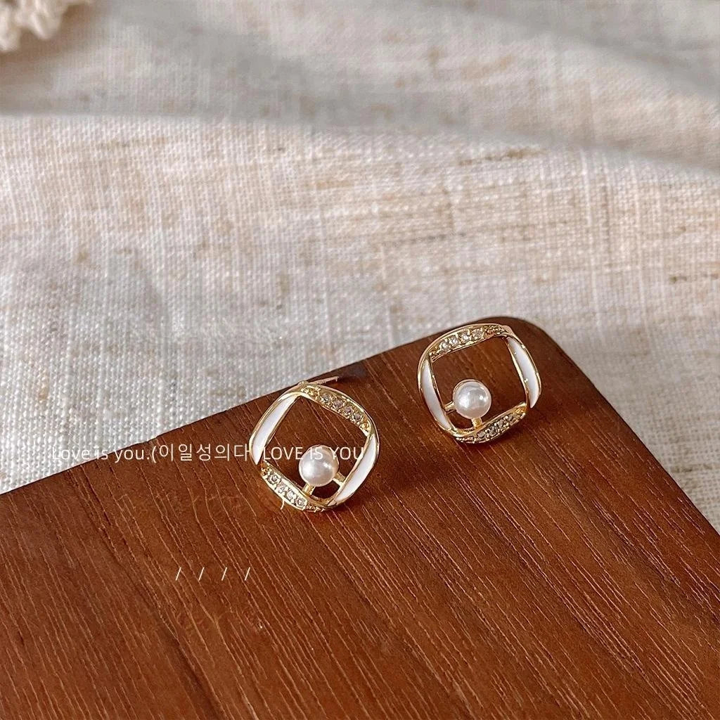 Minimalist 14K Gold Plated Copper Square Hollow Zircon Enamel Drop Earrings