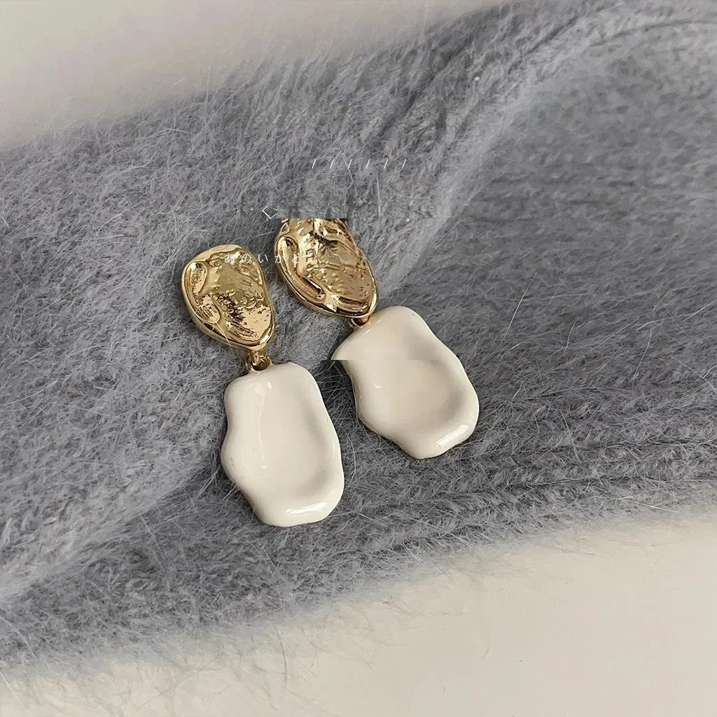 French Milky White Enamel 14K Plated Metal Irregular Geometric Minimalist Drop Earrings