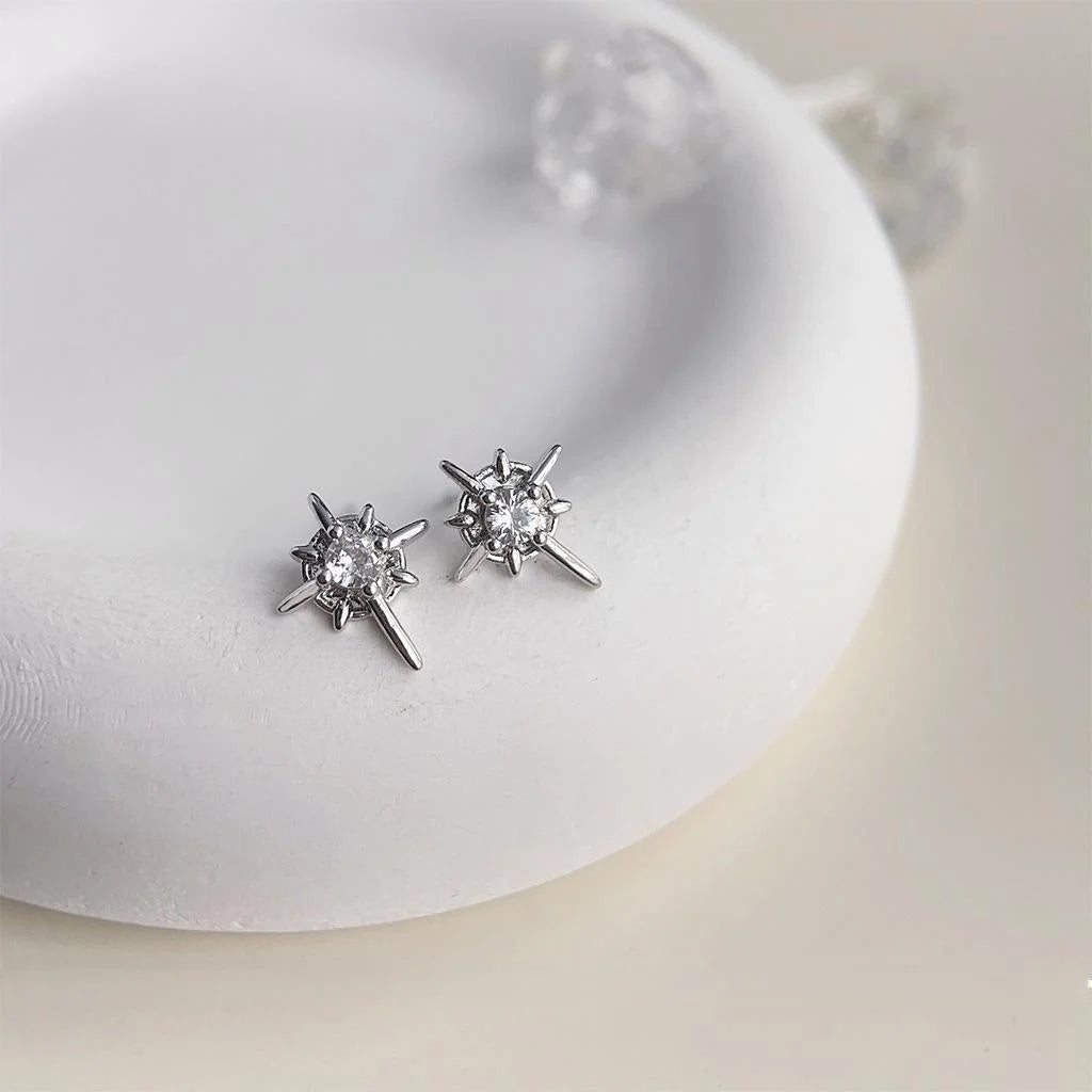 Mini Micro Pave Zircon Starburst Copper Stud Earrings, Versatile Style