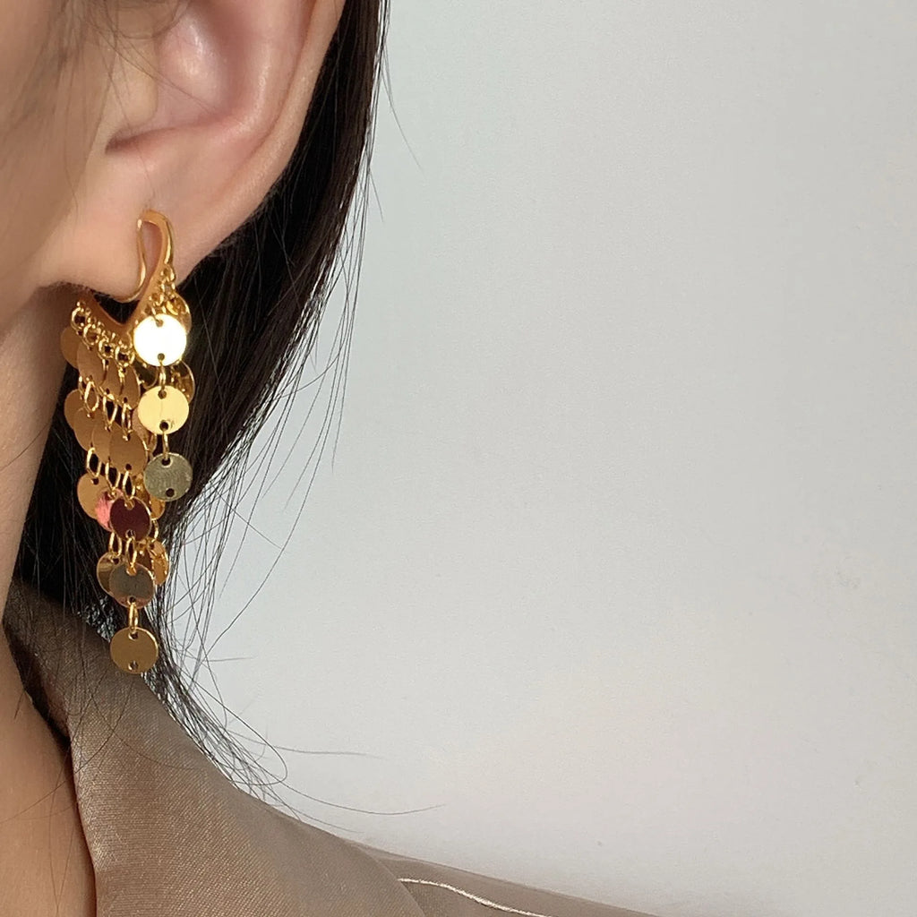 Elegant Hong Kong Style Gold Alloy Crescent Disc Sequin Tassel Stud & Clip On No Piercing Dangle Earrings