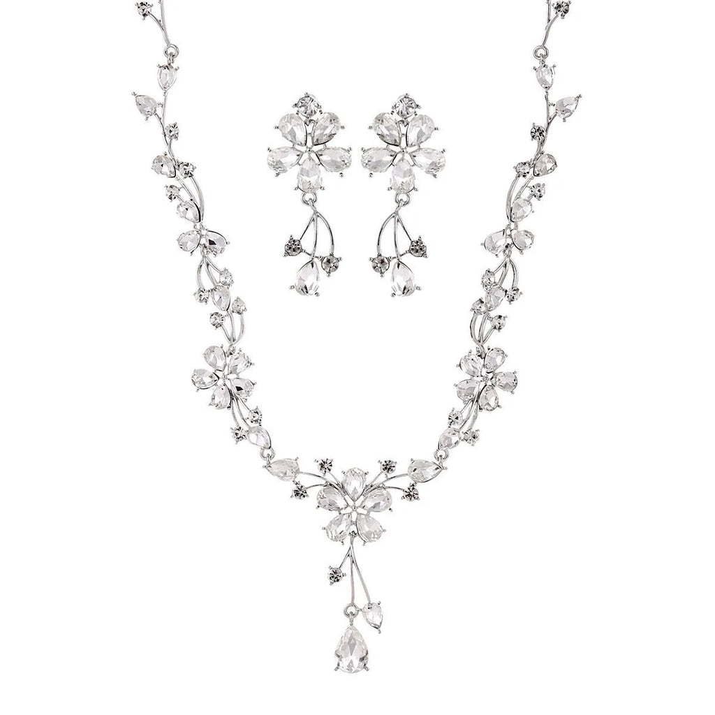 Elegant Bridal Crystal Rhinestone Flower Drop Earrings And Necklace Jewelry Set For Wedding Banquet Gift