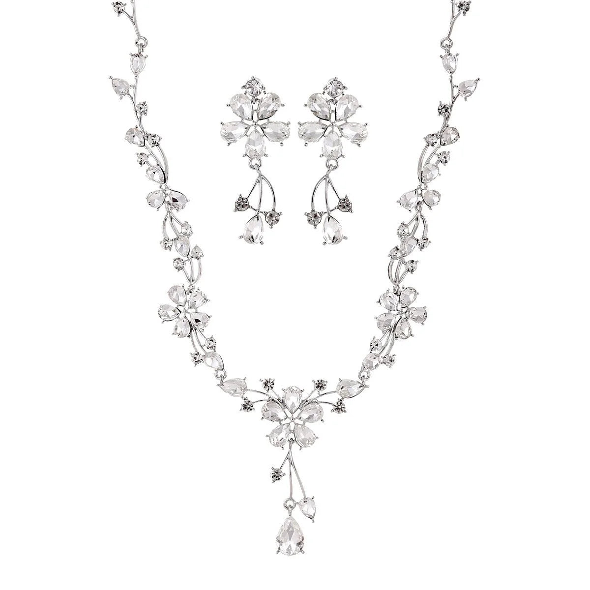 Elegant Bridal Crystal Rhinestone Flower Drop Earrings And Necklace Jewelry Set For Wedding Banquet Gift