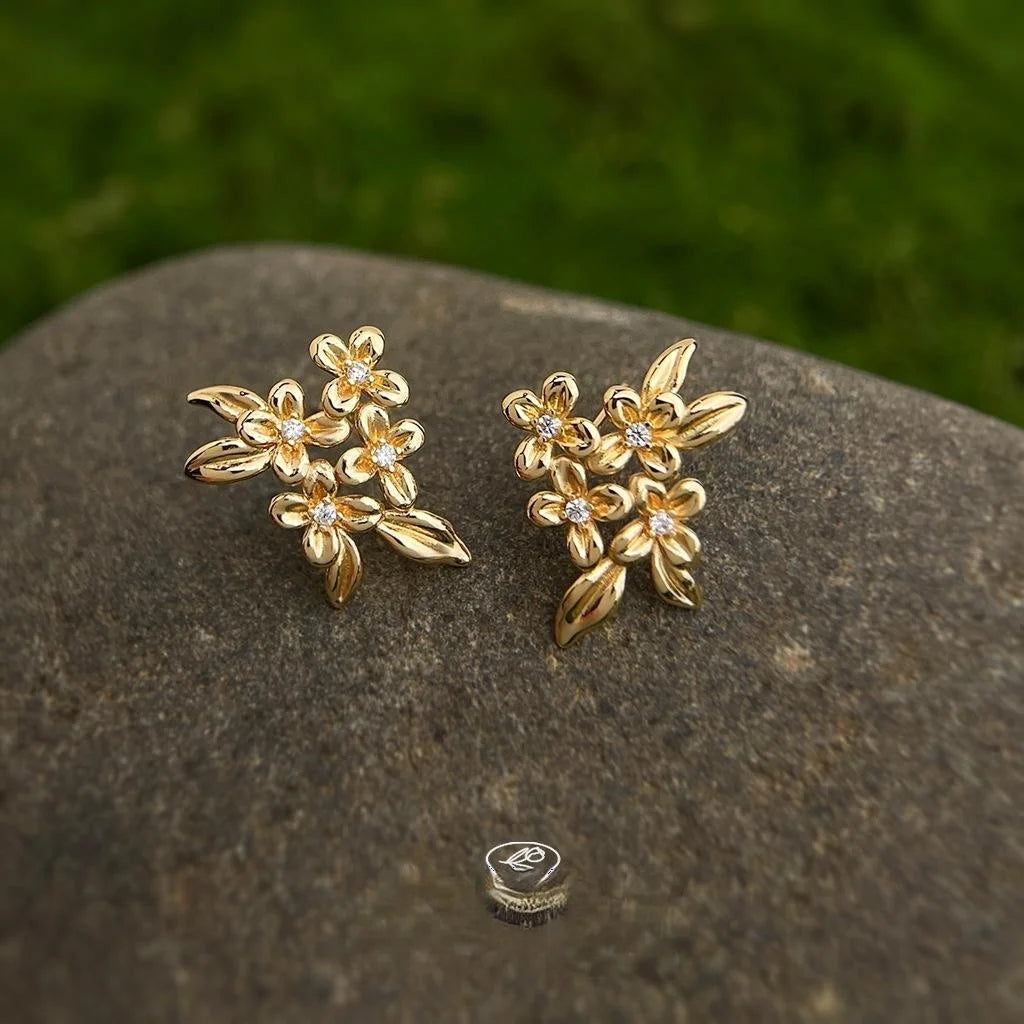 14K Plated Copper Osmanthus Flower Zircon Stud Earrings, Light Luxury Floral Petal Jewelry