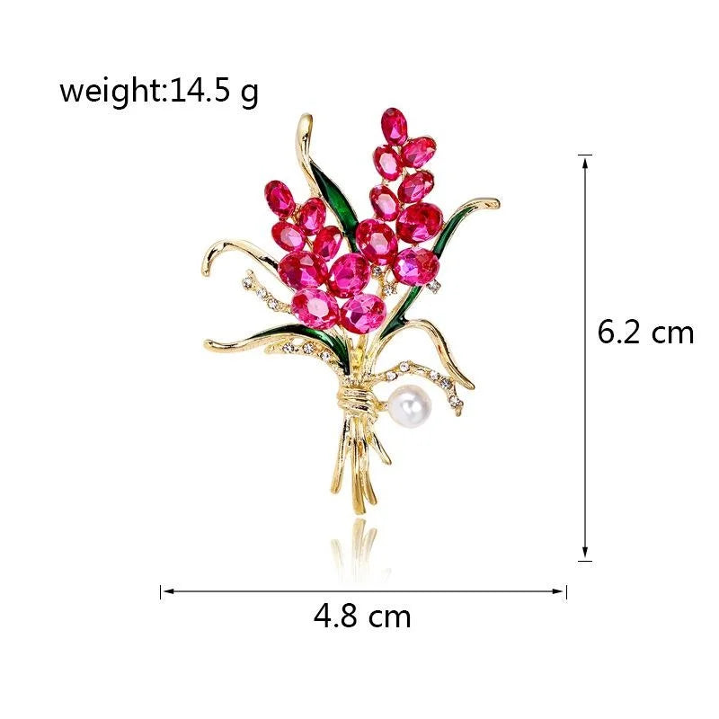 Elegant Red Rhinestone Wheat Bouquet Brooch With Pearl And Enamel Leaves, Gold Alloy Lapel Pin Gift