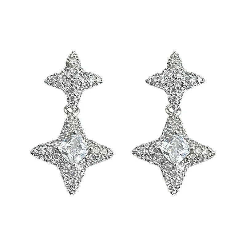 Eco-Friendly Copper Zircon Six-Point Star Tassel Drop Earrings Light Luxury Geometric Jewelry