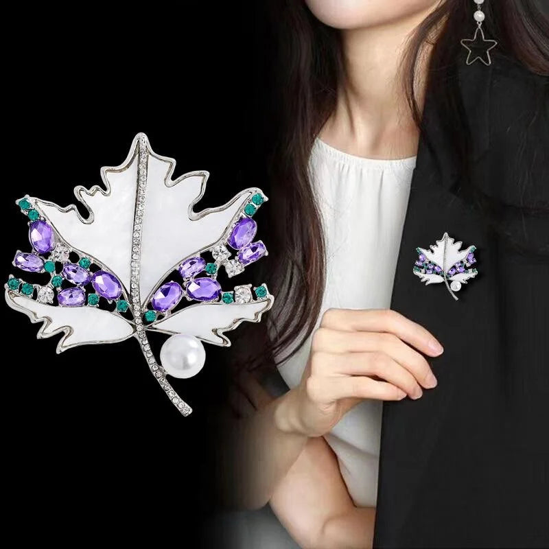 Luxury Maple Leaf Brooch With Mother Of Pearl, Rhinestone And Faux Pearl Corsage Lapel Pin Suit Accessory