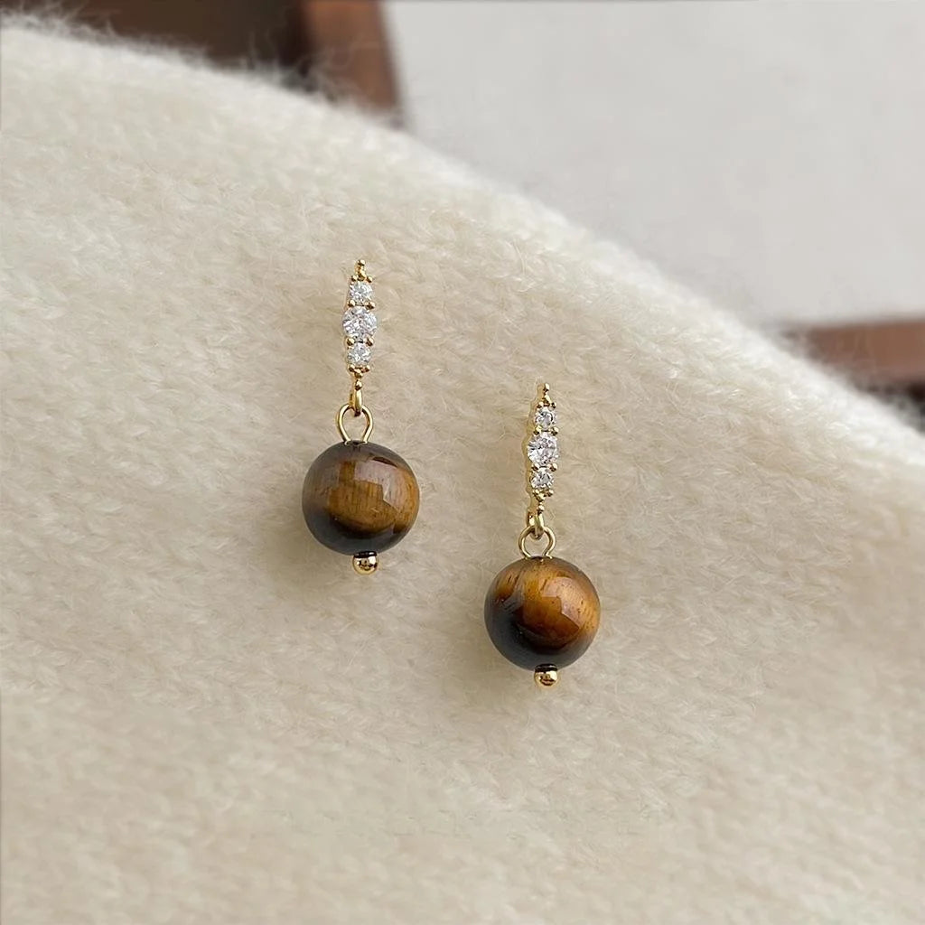 Natural Tiger Eye Zircon Geometric Round Drop Earrings Vintage Maillard Style for Women