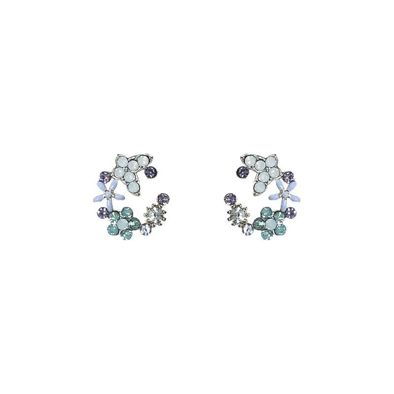 Forest Style Copper 14K Plated Rhinestone Butterfly Flower Wreath Stud Earrings