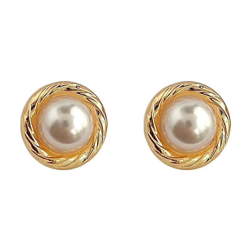 French Vintage Copper High Luster Pearl Stud Earrings Geometric Twist Round Elegant Jewelry