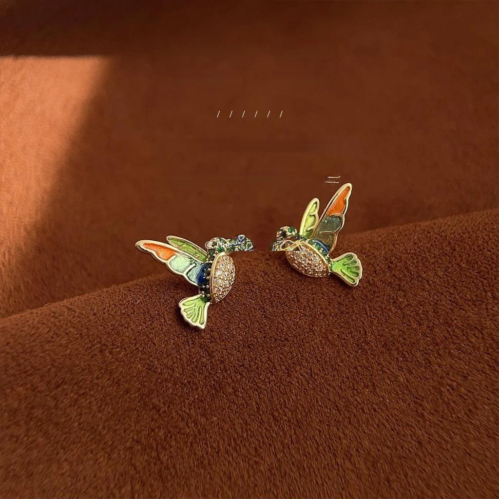 14K Gold Plated Copper Hummingbird Stud Earrings Colorful Enamel Micro Pave Zircon New Chinese Jewelry