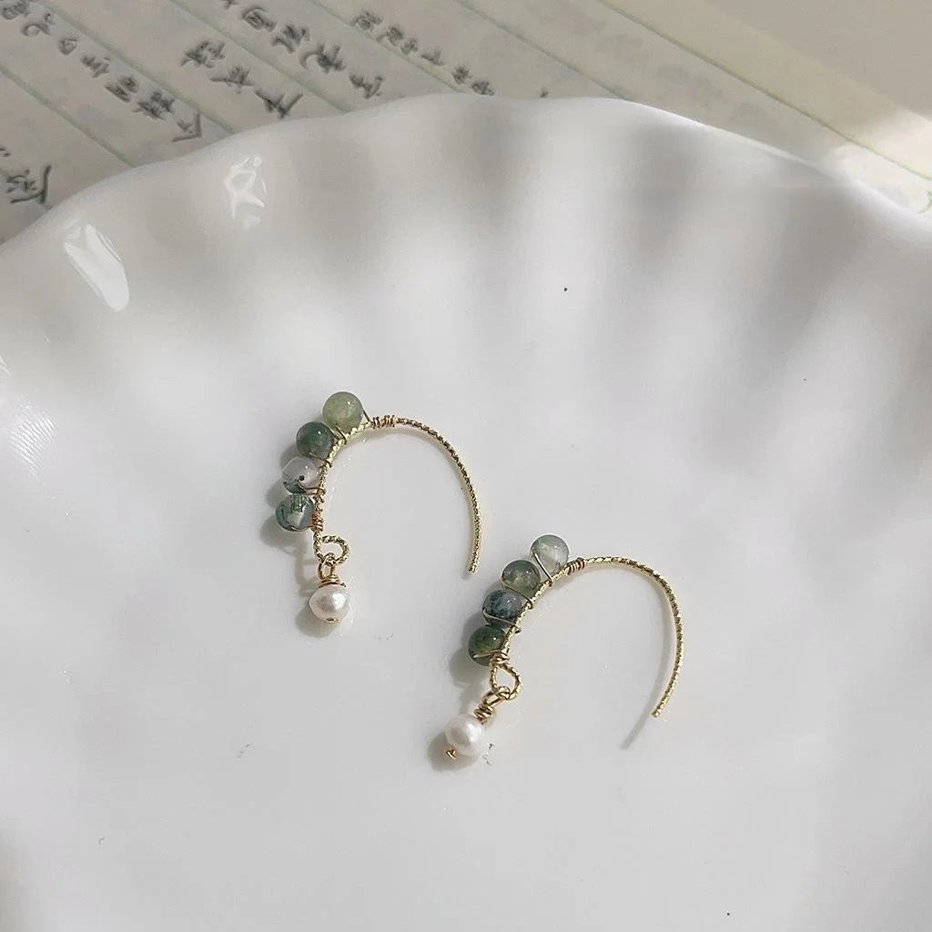 Forest Style Natural Stone And Freshwater Pearl Geometric Round 14K Plated Drop Earrings