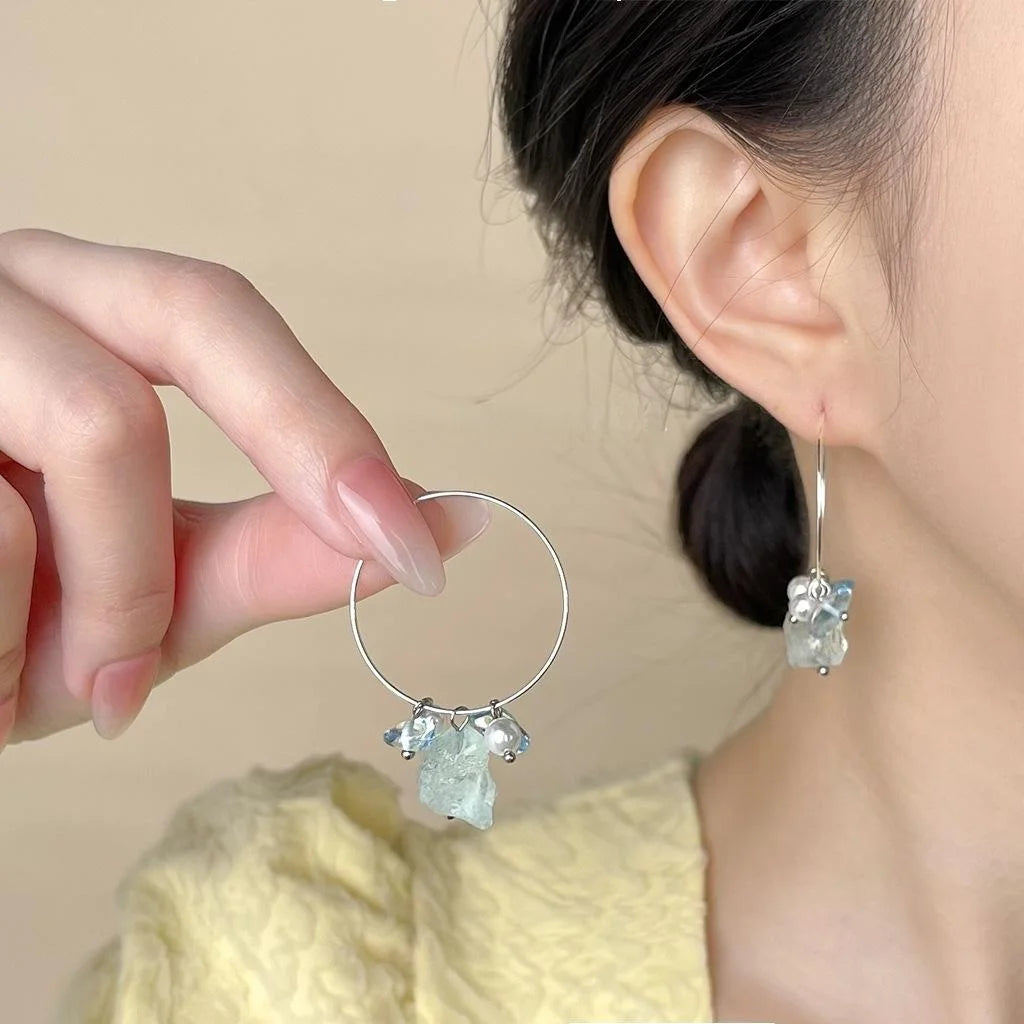 Handmade Irregular Blue Crystal Natural Stone Glass Pearl Drop Earrings For Beach Vacation