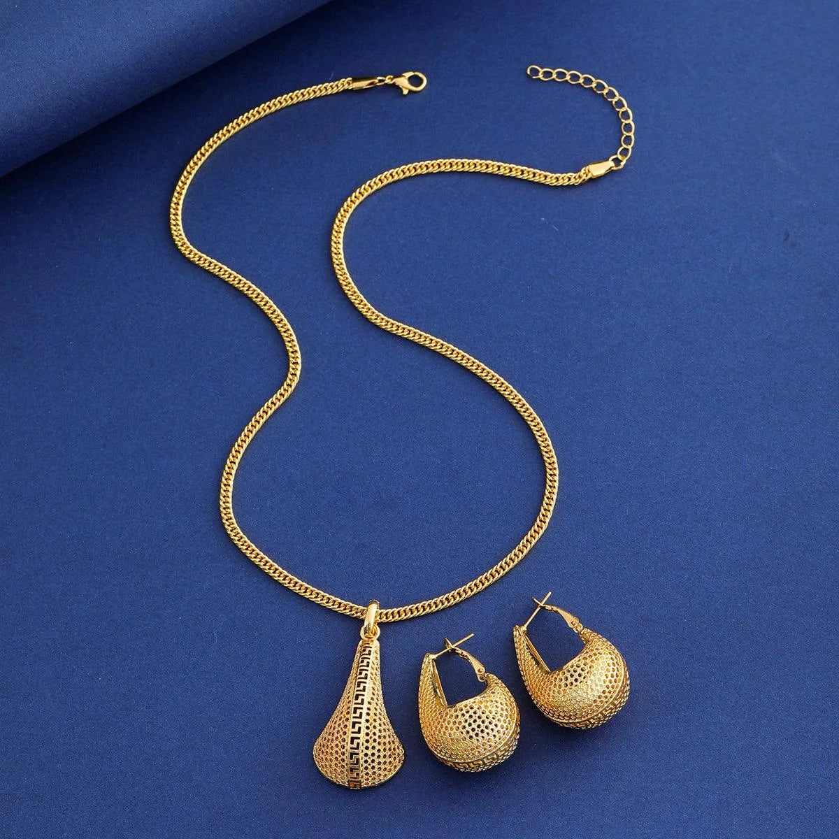Luxury 24K Gold Plated Alloy Teardrop Necklace And Earrings Jewelry Set With Rhinestones For Bridal Wedding
