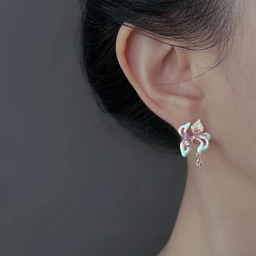 14K Plated Copper Zircon Enamel Iris Flower Drop Earrings Elegant Floral Petal Jewelry