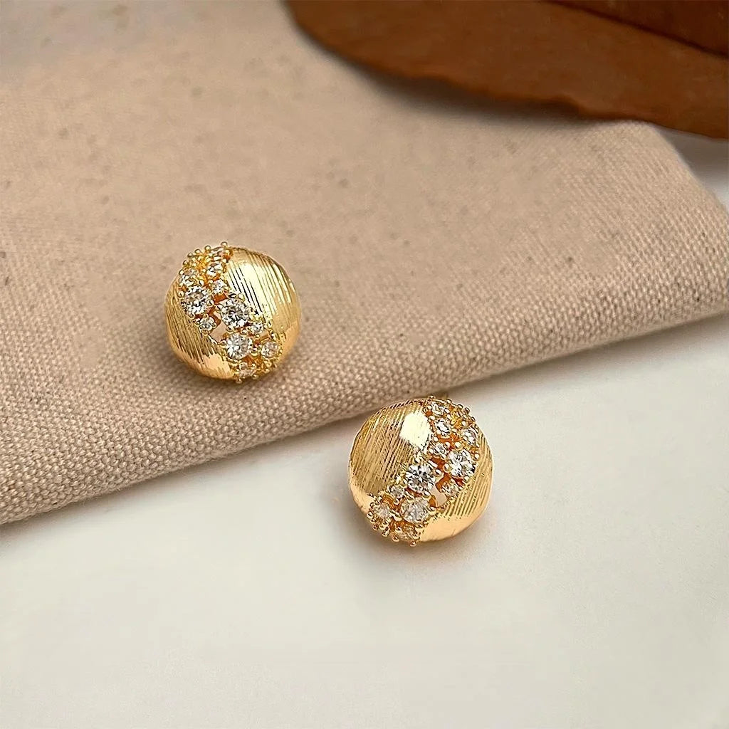 Sparkling Zircon 14K Gold Plated Hollow Geometric Round Stud Earrings Light Luxury Jewelry