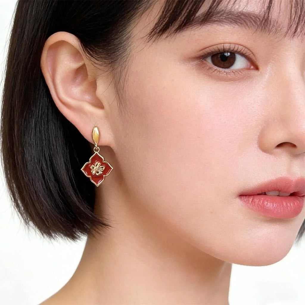 Vintage Enamel Glazed Copper Flower Drop Earrings, French Minimalist Hong Kong Style