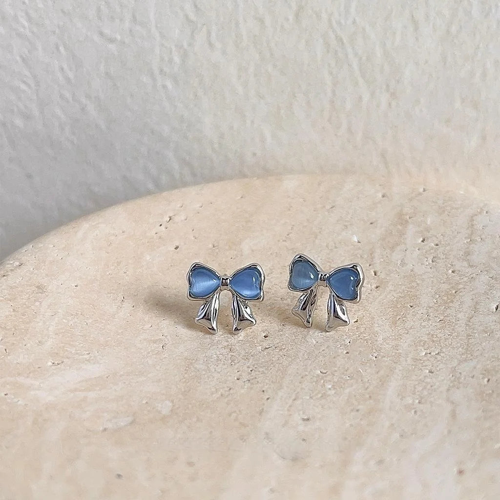 Mini Blue Glass Cat Eye Bow Stud Earrings, Silver Plated Cute Fresh Style