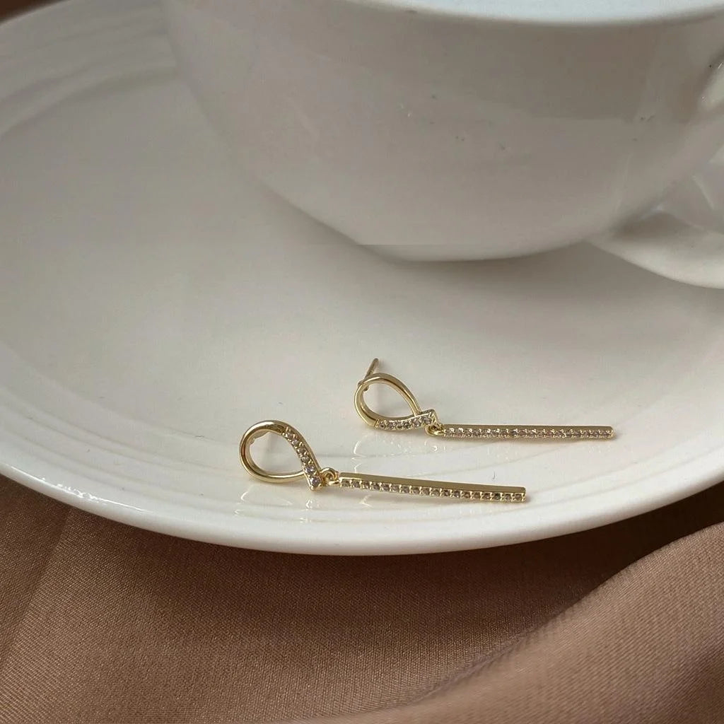 Irregular Korean Style 14K Gold Plated Copper Long Bar Stud Earrings And Micro Pave Zircon