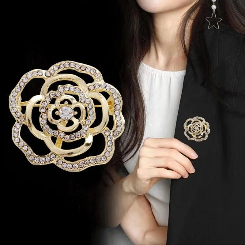 Elegant Gold Tone Rhinestone Camellia Flower Hollow Brooch, Luxury Women's Lapel Pin Corsage Suit Accessory Gift