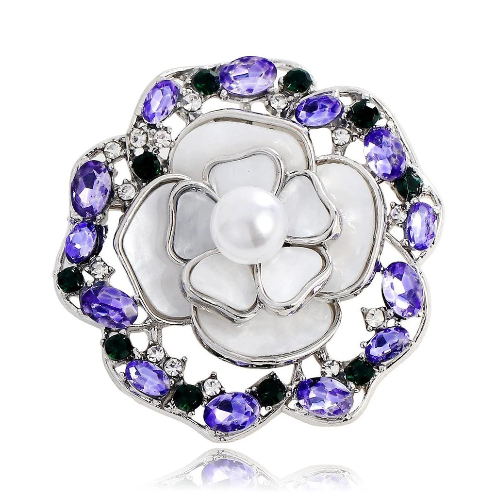 Elegant Camellia Flower Alloy Brooch With Faux Mother Of Pearl Petals, Pearl And Rhinestone Lapel Pin Gift