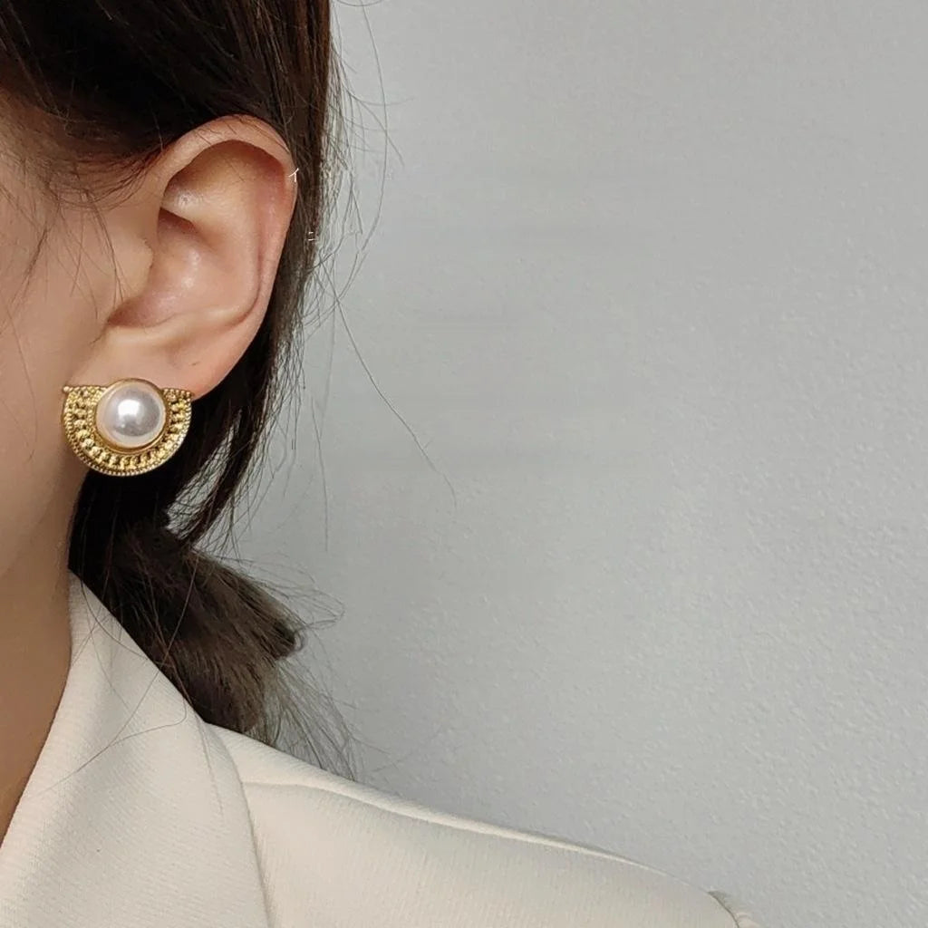 Vintage Palace Style 14K Plated Copper Half Round Geometric Pearl Stud Earrings