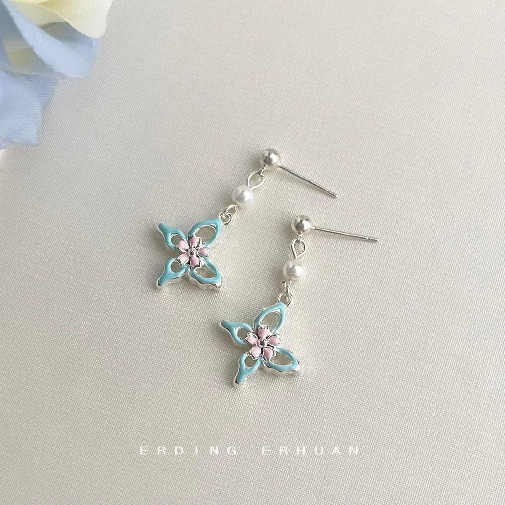 Sweet Enamel Butterfly Drop Earrings With Pearl Copper Handmade Elegant Forest Style Jewelry