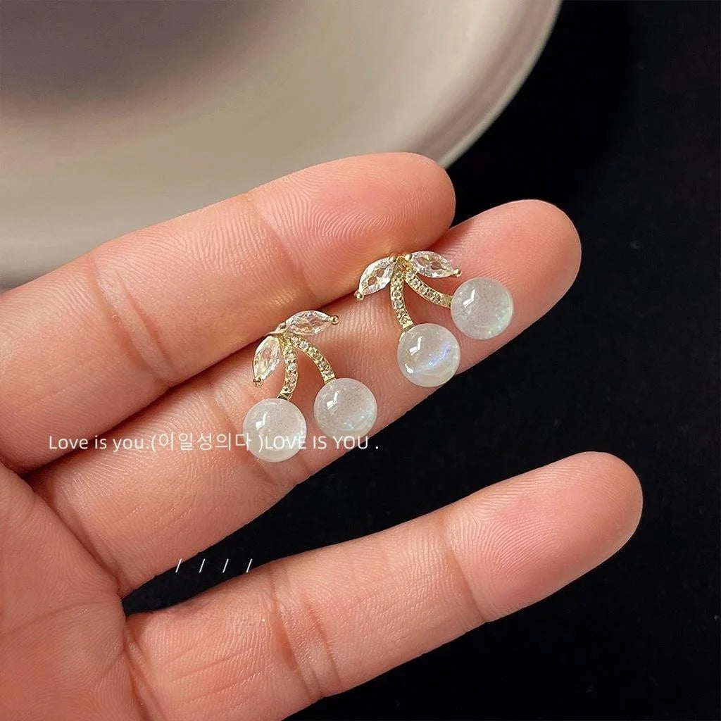 Sweet Cherry Zircon Micro Pave Copper Stud Earrings Cute Fruit Design For Women