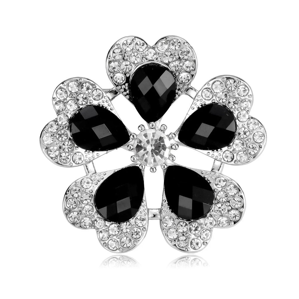 Luxury Black Crystal Flower Brooch With Rhinestone Alloy Petals, Elegant Women's Lapel Pin Suit Corsage Gift