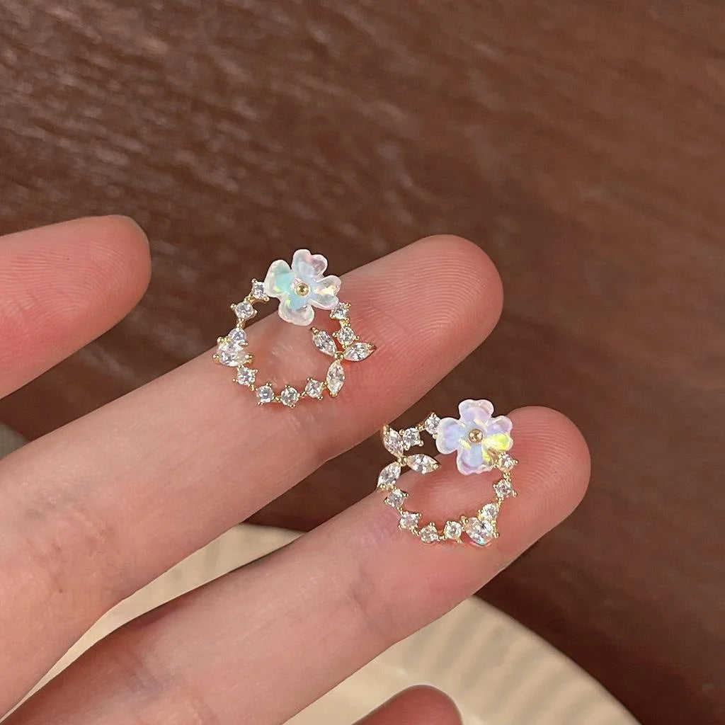 Sweet Floral Micro Pave Zircon Copper Stud Earrings, Colorful Flower Wreath Design
