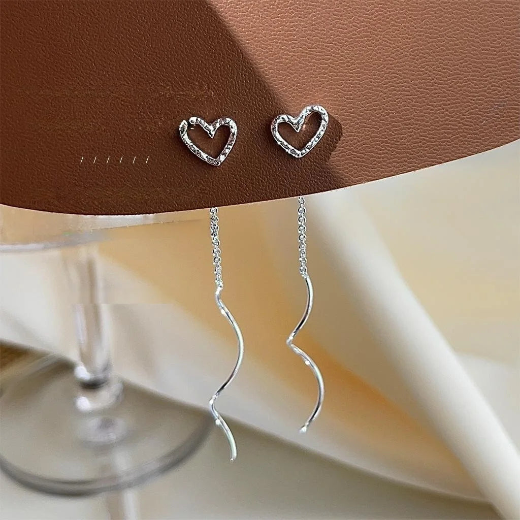 Two Way Copper Hollow Heart Chain Tassel Drop Earrings Sweet Geometric Wave Design