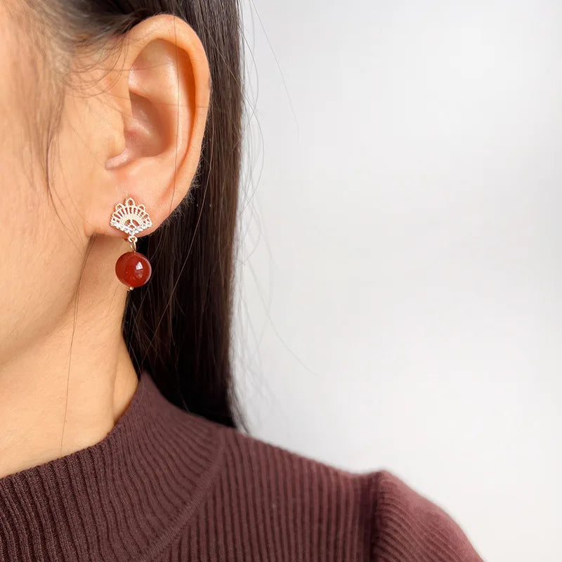 Vintage Chinese Fan Zircon Alloy Red Agate Drop Stud & Clip On No Piercing Women New Year Earrings