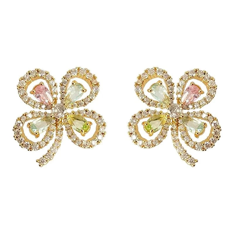 18K Gold Plated Copper Flower Stud Earrings With Micro Pave Color CZ Hollow Lucky Flower Design