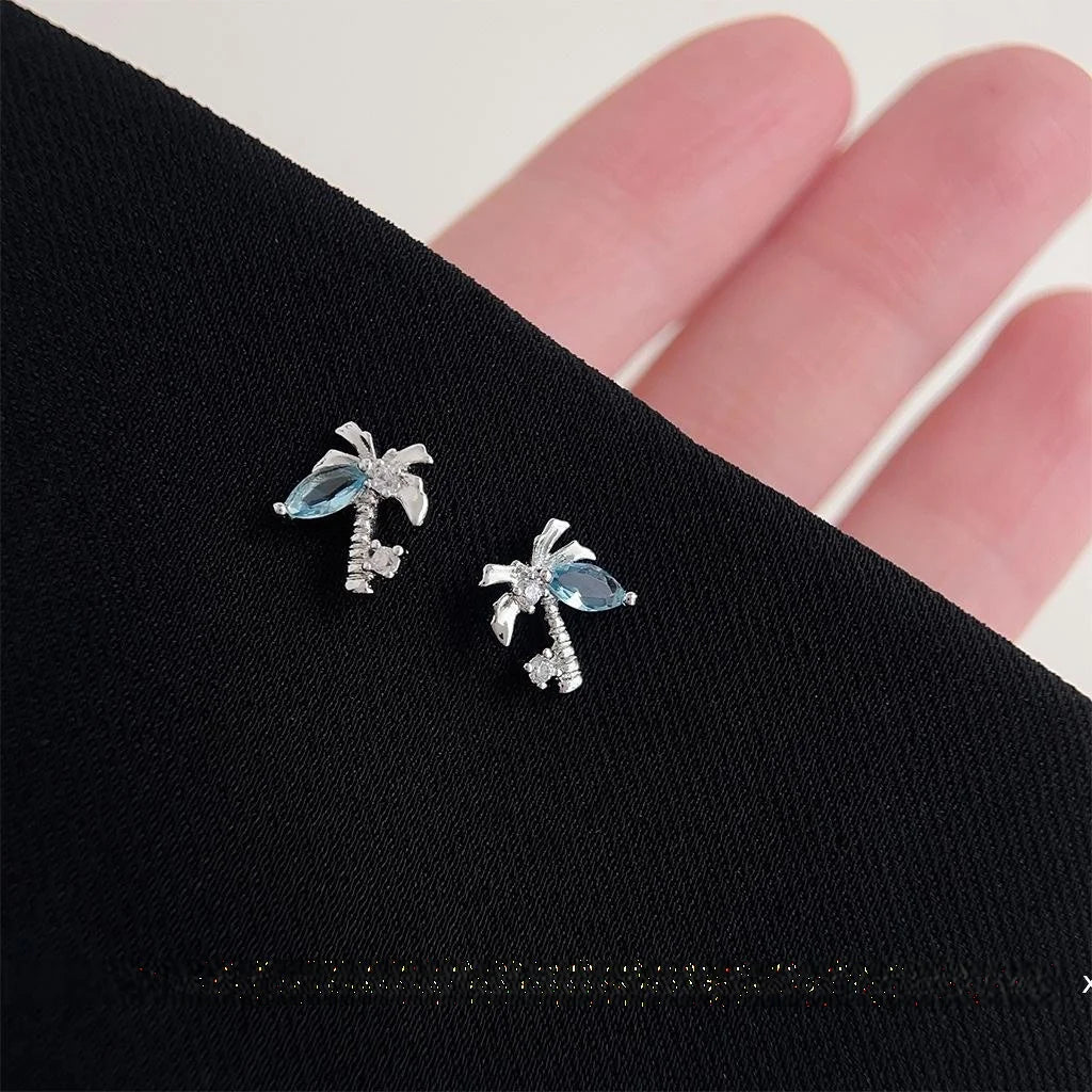 Mini Copper Coconut Tree Stud Earrings, Sweet Cool Fresh Leaf Designer Jewelry