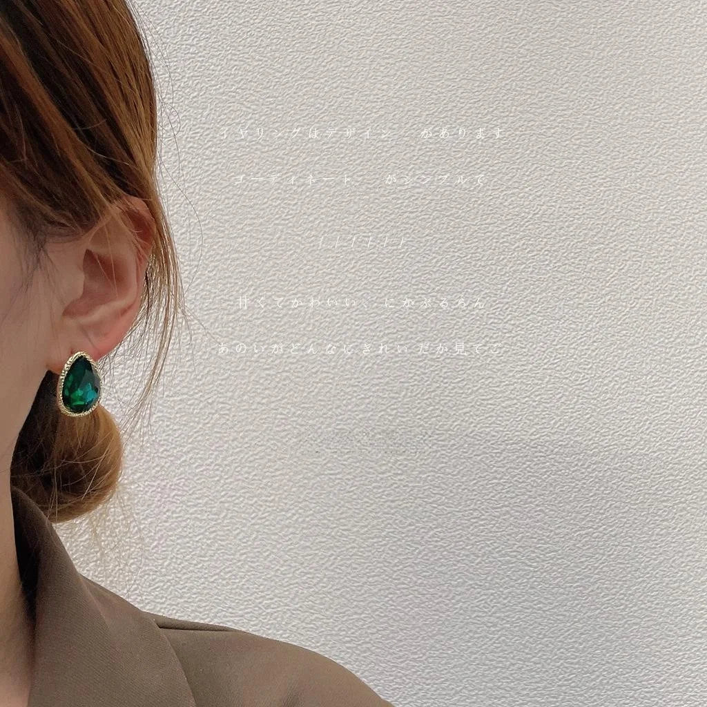 Vintage Luxury Emerald Green Glass Crystal Teardrop Stud Earrings For Women