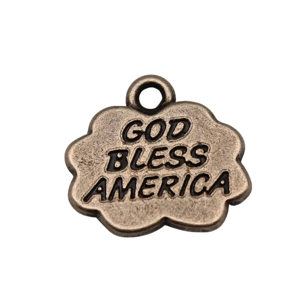 16x15mm 1.73g Antique Bronze Zinc Alloy God Bless America Quote Charm Pendant for DIY Jewelry Making