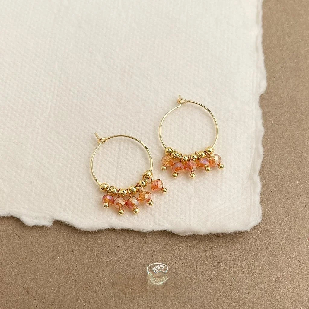 Vintage Copper Glass Crystal Brown Earth Tone Geometric Hoop Drop Earrings