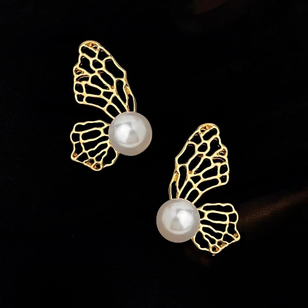2025 New Sweet Hollow Butterfly Faux Pearl Copper Drop Earrings For Women